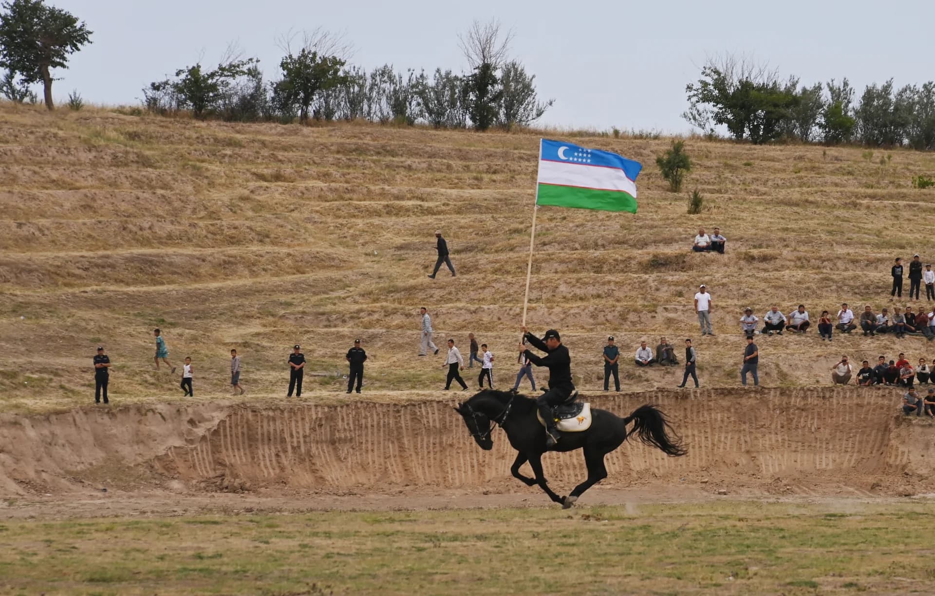 Всадник верхом на лошади несет флаг на открытом воздухе