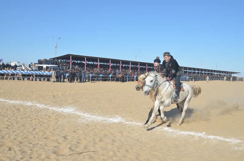 Young men racing horses outdoors