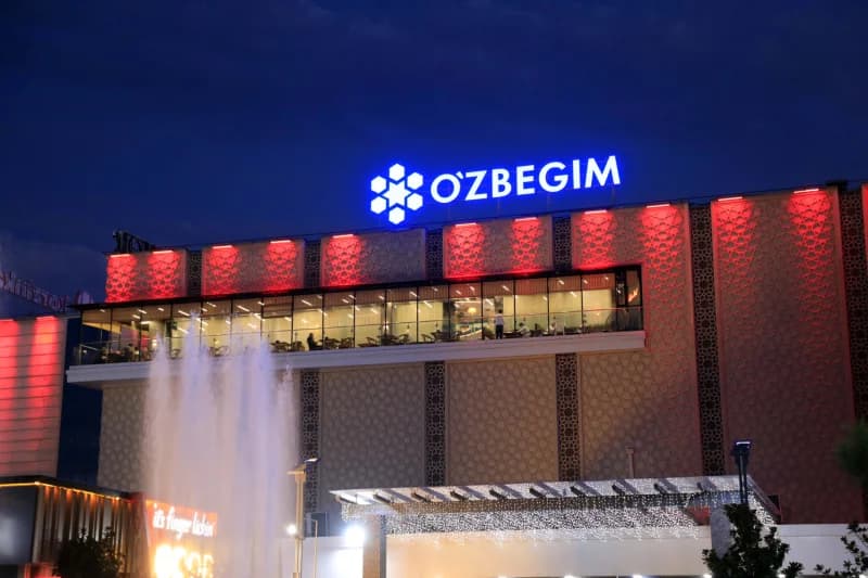 Building exterior with illuminated sign and fountain