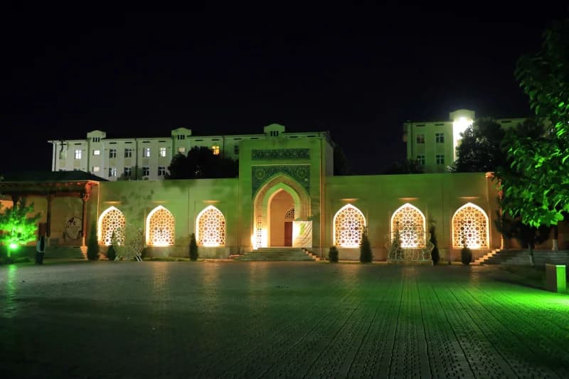 Illuminated architectural building exterior at night