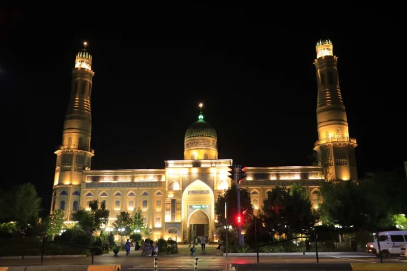 Illuminated mosque architecture at night